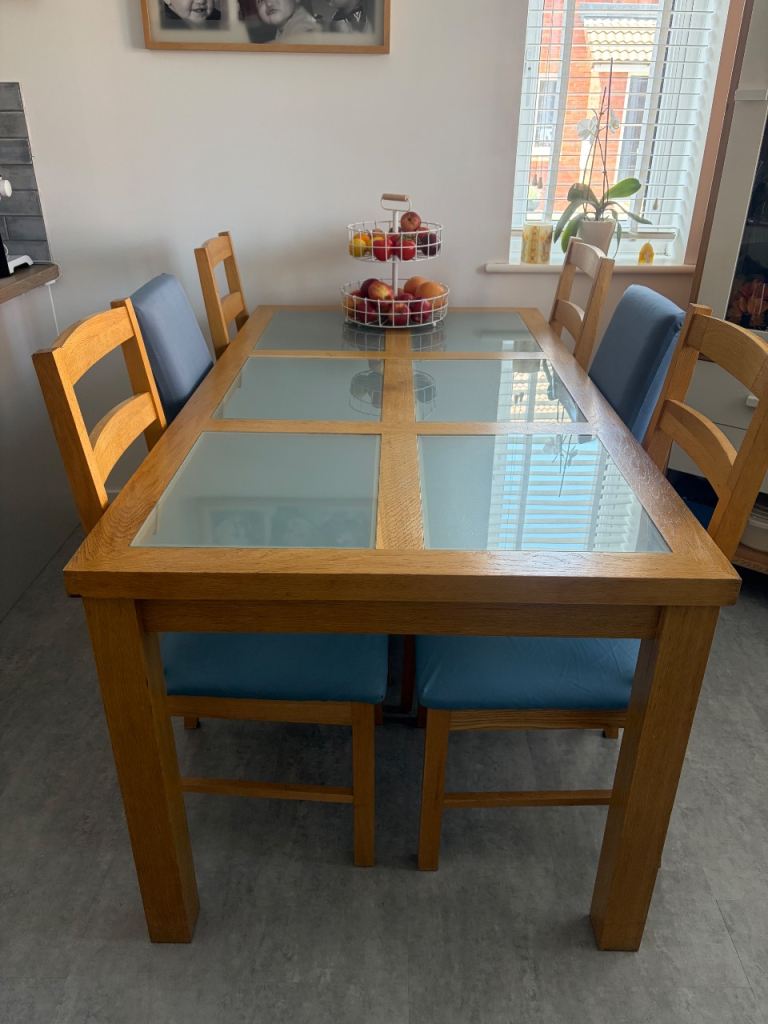 Solid Oak Dining Table with Glass Panels