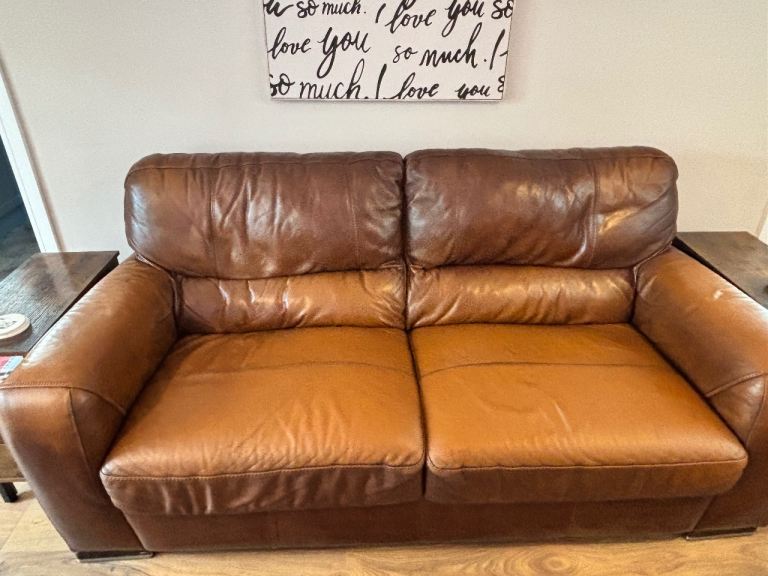 Tan Leather Sofa, Electric Armchair, and Footstool Set