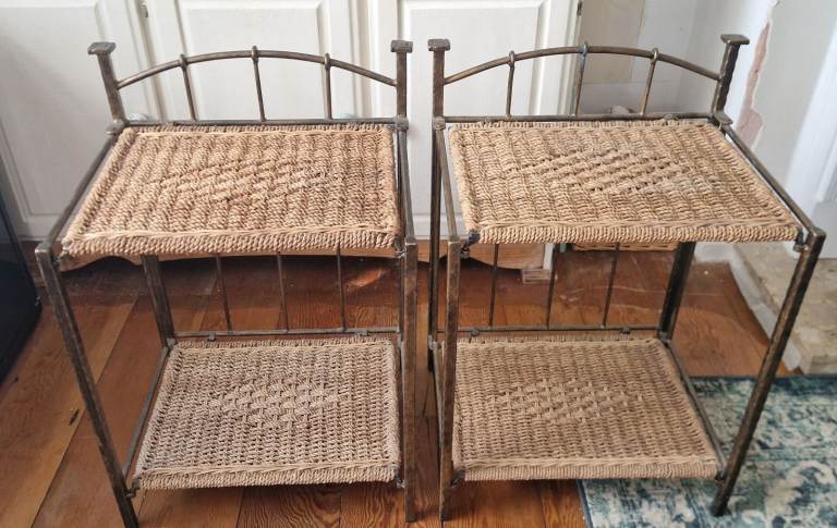 Pair of Woven Rattan and Metal Bedside Tables – Good Condition
