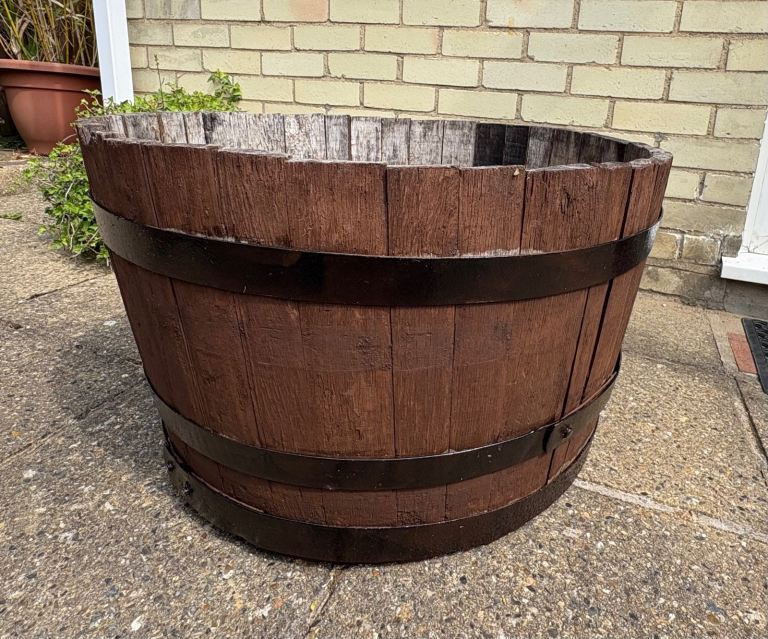 Large Wooden Barrel Planter – Good Condition