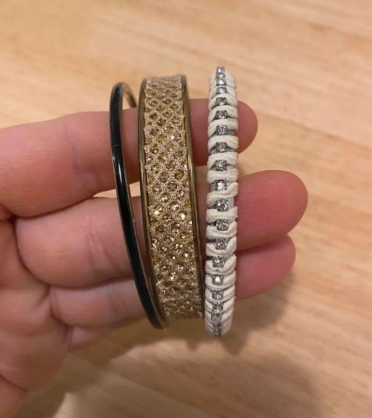 Decorative Gold-Tone Bangle Bracelets – Braided & Rhinestone Detail