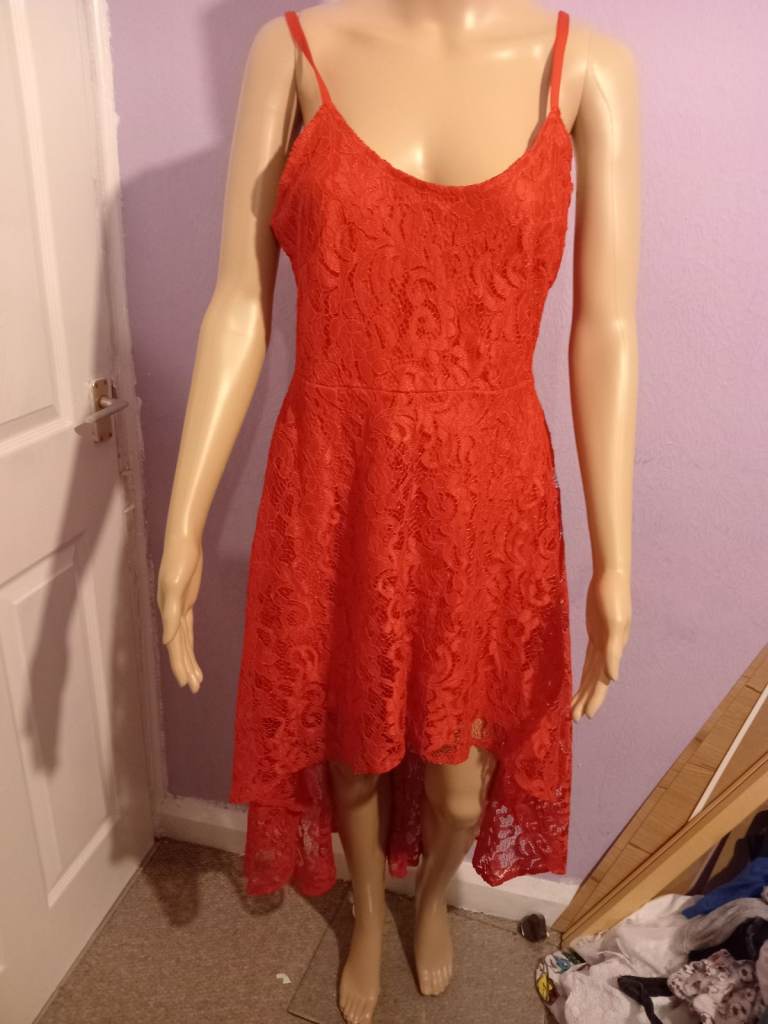 AX Paris Red Lace High-Low Hem Midi Dress Waterfall Asymmetric Hem Spaghetti Straps Size 12