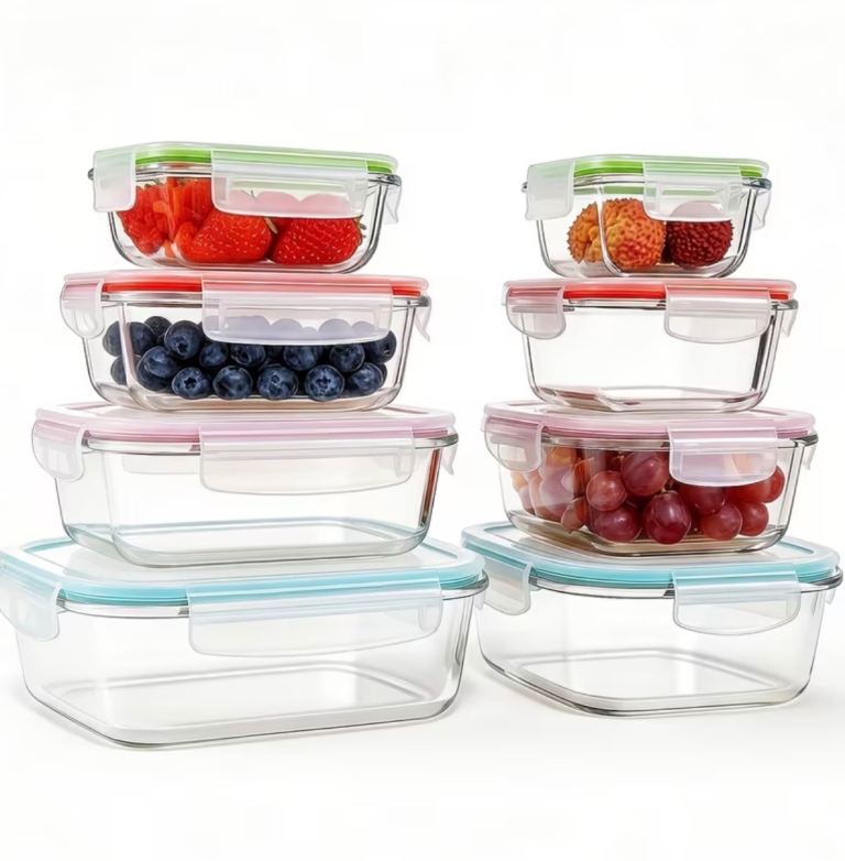 Glass Food Storage Containers – Multicoloured Lids, Various Sizes