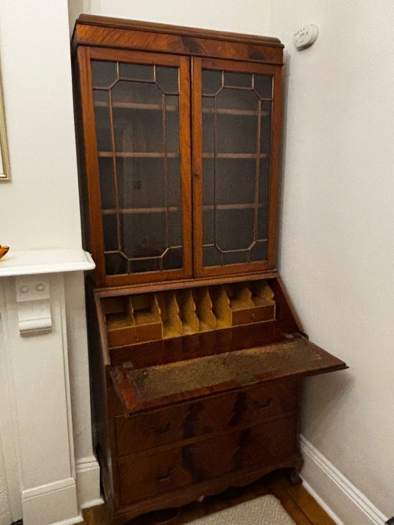 Mahogany Bureau Bookcase 88 cm wide with Glazed Cabinet & Leather Writing Surface