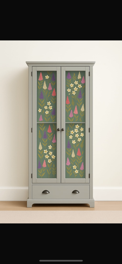 Refurbished Glass Display Cabinet – Light Grey with Handcrafted Floral Detailing