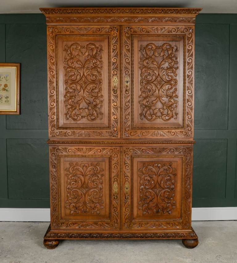 Antique French Walnut Linen Press Housekeepers Cupboard - Ornately Carved