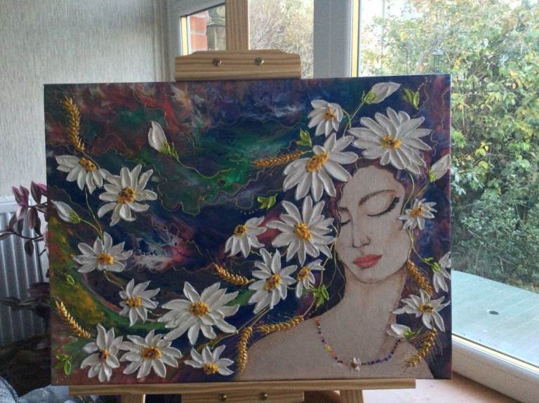 image for Beautiful original acrylic painting with textured flowers,  abstract artwork,  flowerhead 