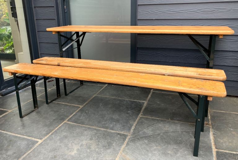  FOLDABLE OUTDOOR GARDEN WOODEN TABLES AND BENCHES GREAT FOR BEACH HUTS AND EVENTS