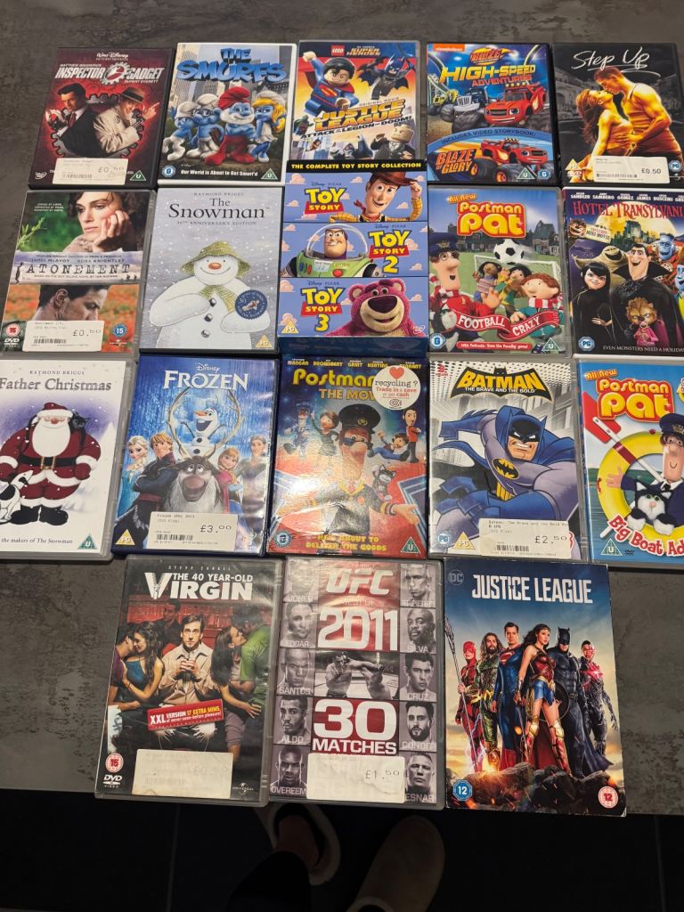 20 DVDs kids one and older ones. Toy Story. Postman pat. Frozen