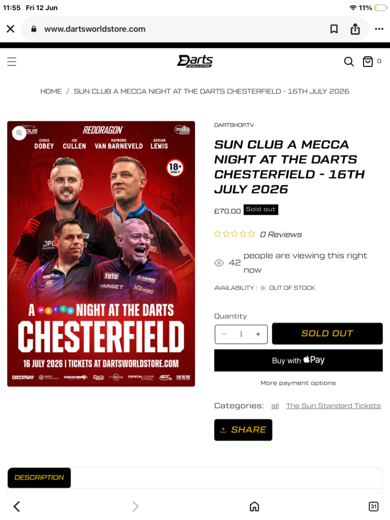 2 tickets for darts 16/7/26- chesterfield