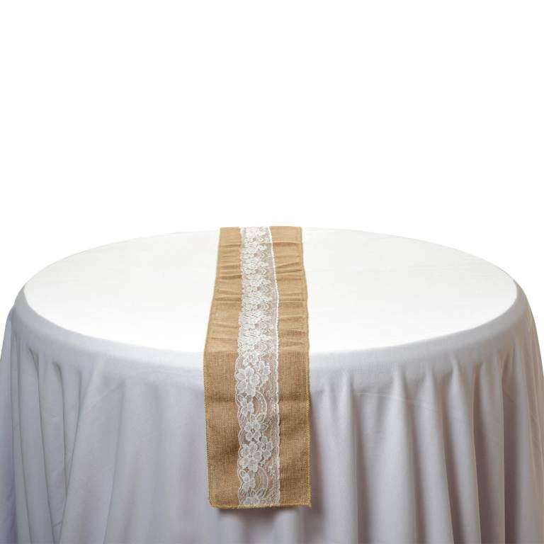 11" x 108" Jute White Lace Natural Burlap Rustic Sewed Edge, Hessian Table Runner