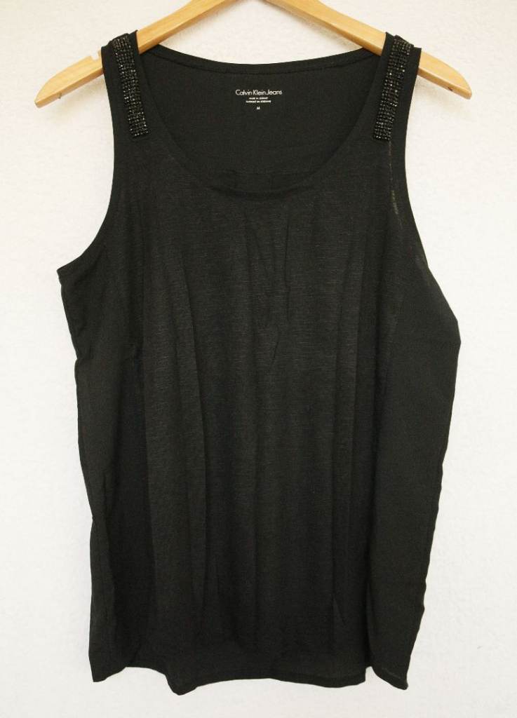Calvin Klein Jeans Black Vest Top with Beaded Shoulders - Size M