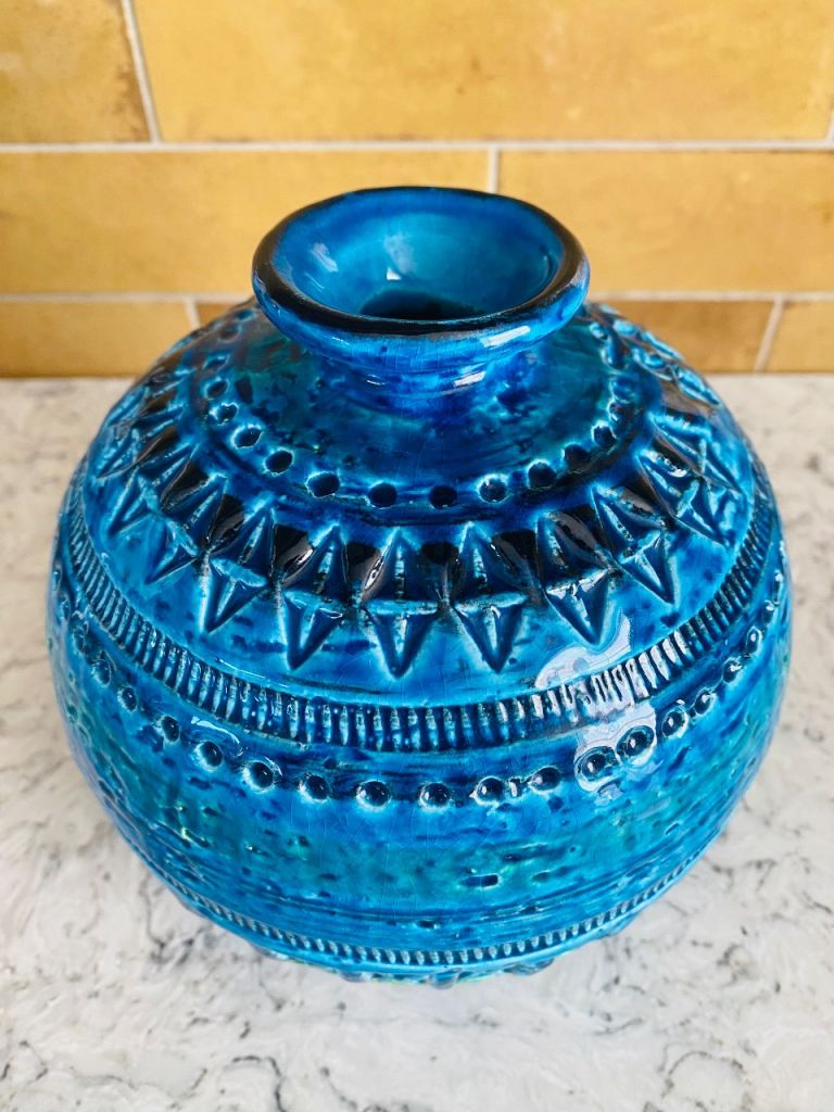 Bitossi Rimini Blue Ball Globe Round Vase Vintage Aldo Londi Italy Mid Century 