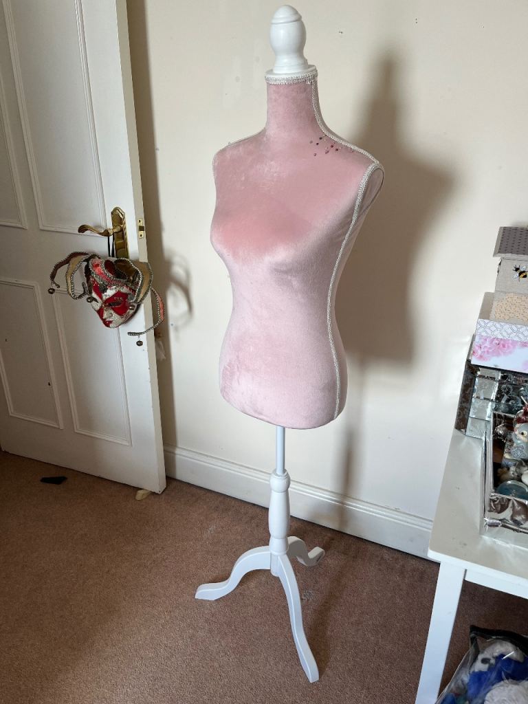 Pale Pink velour dressmakers dummy / mannequin, on tripod stand 