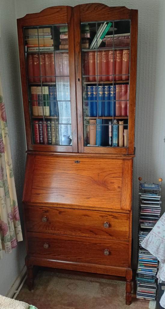 Solid Wood Bureau with Glass-Fronted Bookcase Top