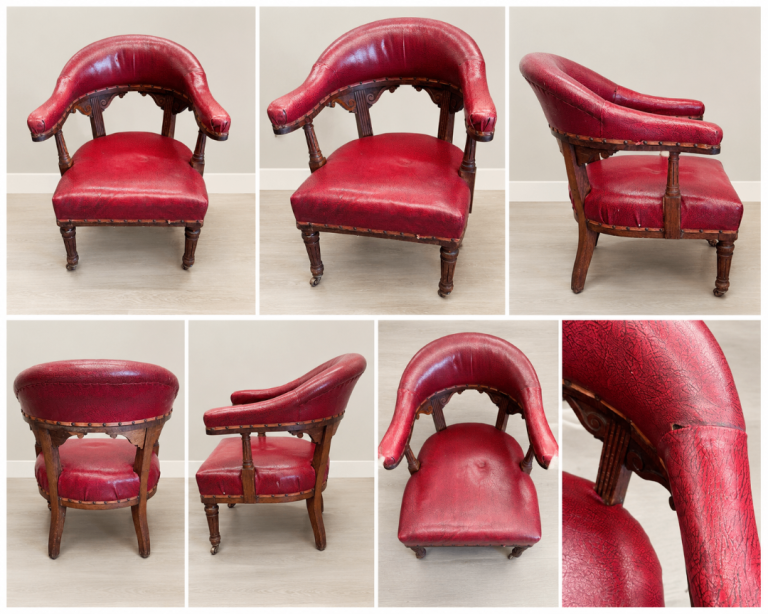 Victorian Horseshoe Library / Captain’s Chair – Antique Red Leather Armchair