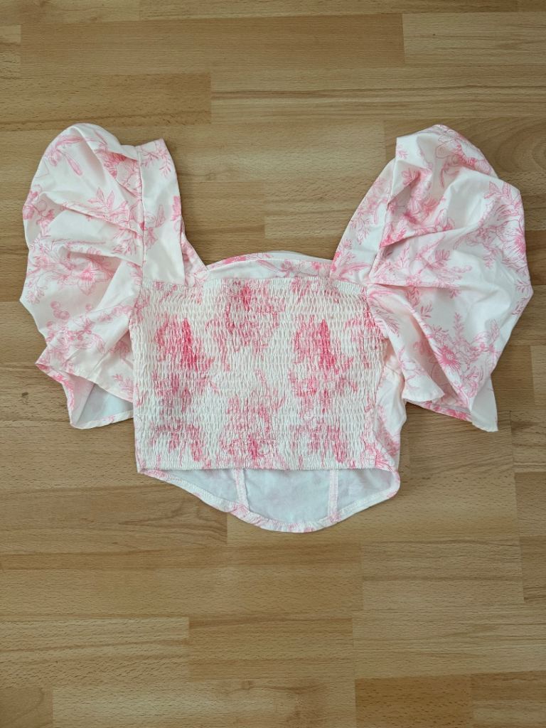 SHEIN Pink Floral Corset Top with Puff Sleeves – Size XS
