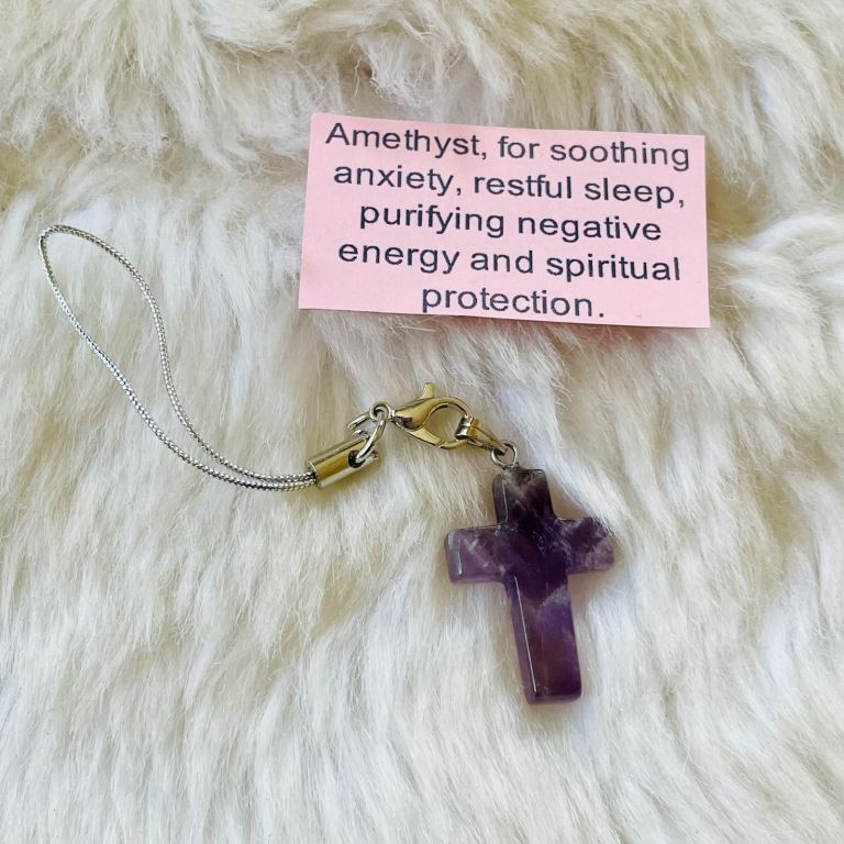Beautiful Natural Purple Amethyst Cross Phone Bag Charm Keyring Dangler BNWOT