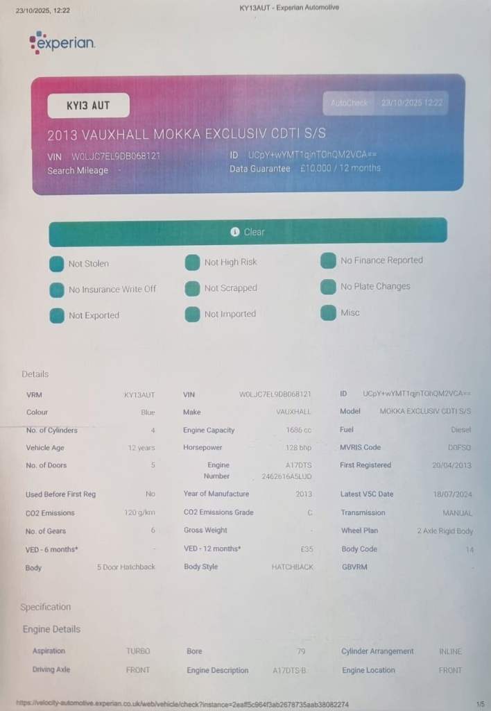 Vauxhall, MOKKA, Hatchback, 2013, Manual, 1686 (cc), 5 doors