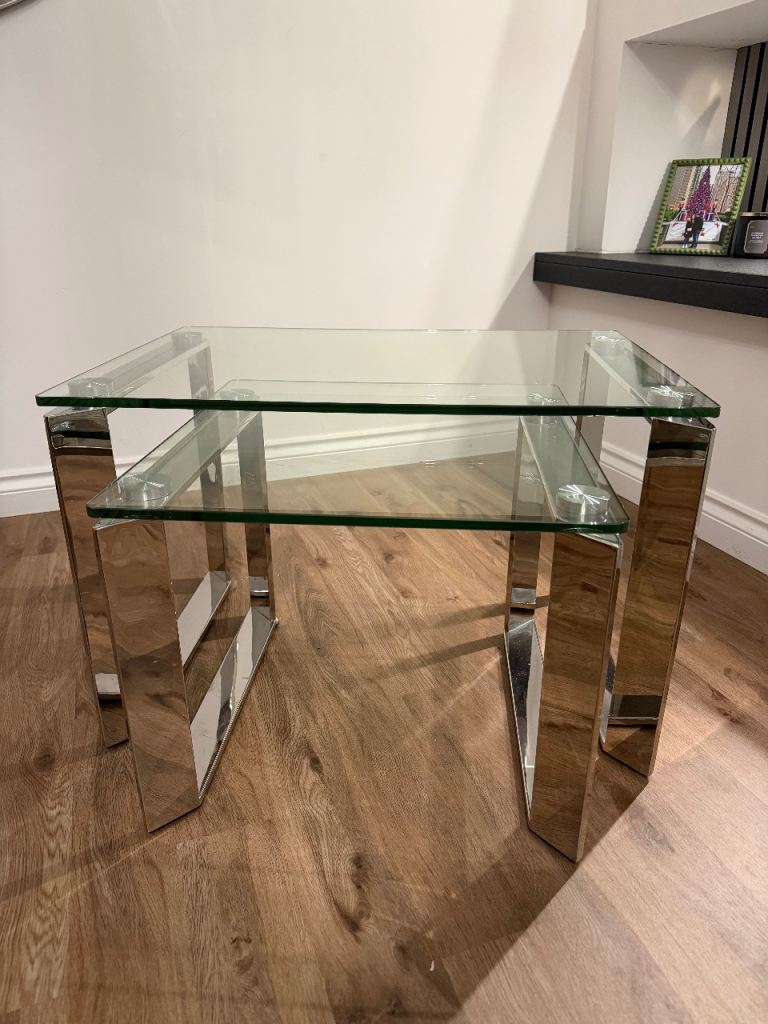 Matching Set of Glass Side Tables and TV Stand with chrome legs