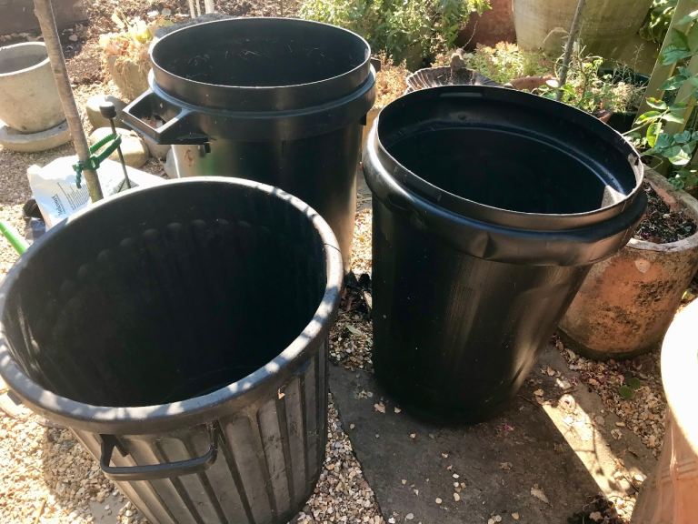 Three Large Black Plastic Garden Bins – 240 ltr holes in base for planting FREE to collect