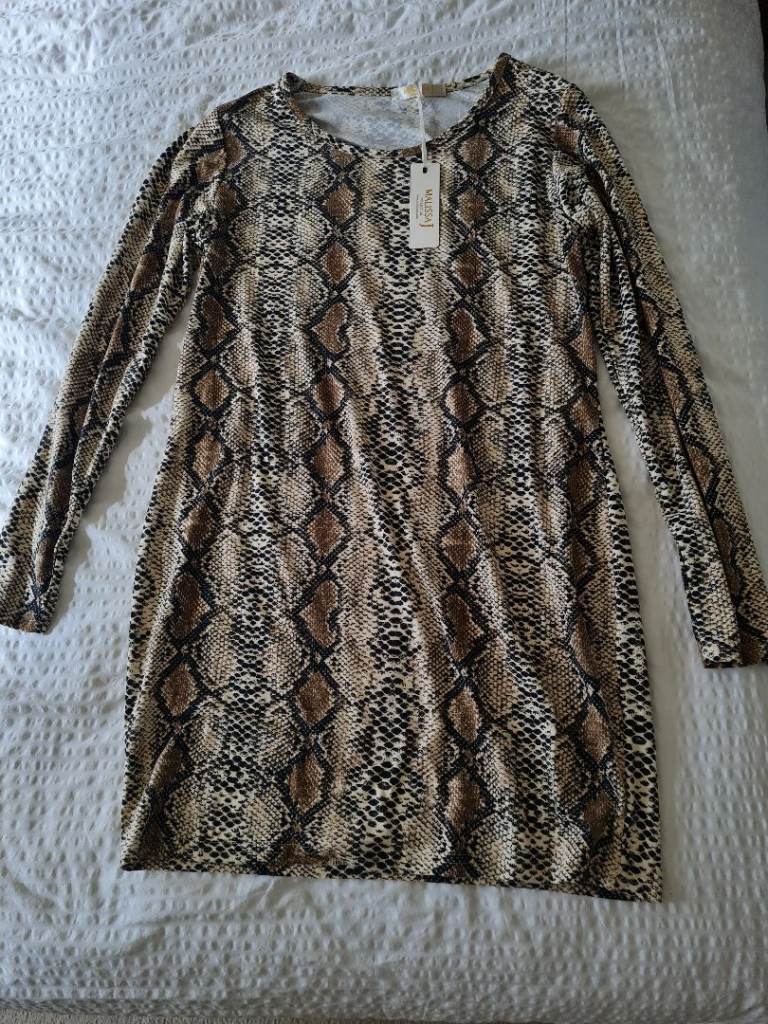 Malissa J Beige/Brown Snake Print Jersey Tunic Dress Long Sleeve