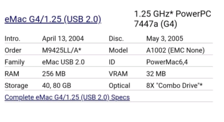 REDUCED   Genuine Apple eMac 1.25 GHz G4 Power PC / 256 Mb SDRAM