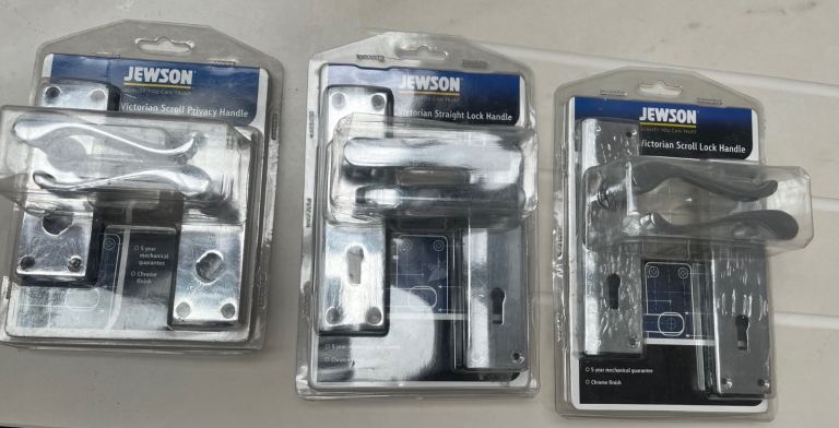 **REDUCED** 3x chrome Victorian door handles - in original packs, 1 complete, 2 without spindles 