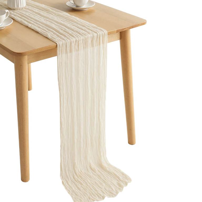 Cream Cheesecloth Table Runner Polyester Gauze Crinkle Fabric, Rustic Sheer Dining Table Decor