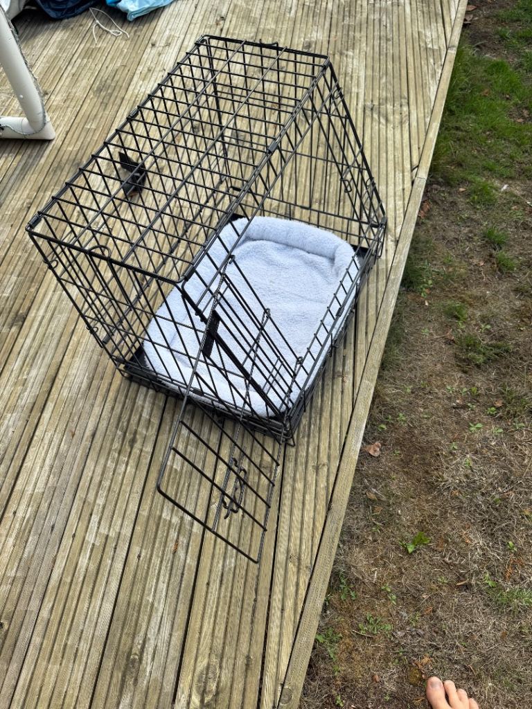 Black metal dog crate with soft grey bed (61w x 46d x 51h cm)