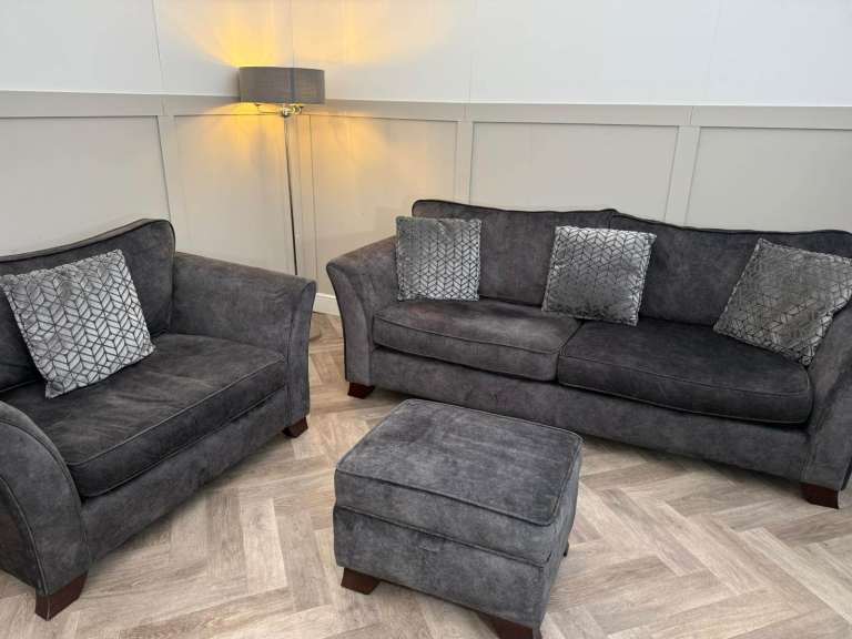 Grey Fabric Sofa, Armchair, and Storage Footstool Set