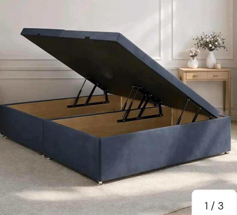 Double Ottoman Bed Base with Storage – Dark Blue, Excellent Condition