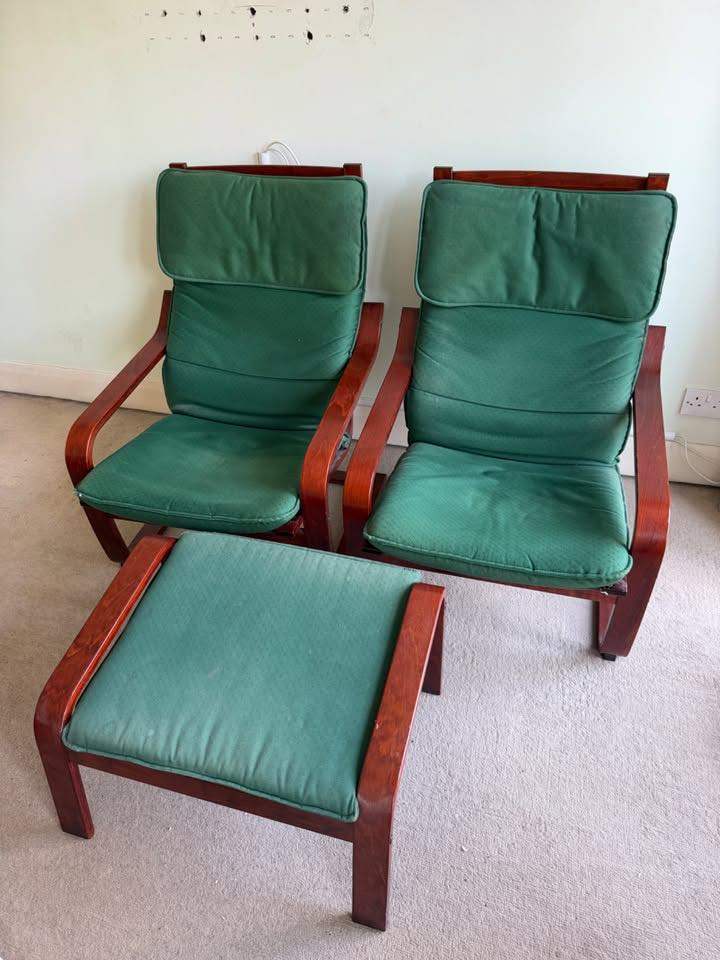 Pair of Wooden Armchairs with Green Cushions & Footstool