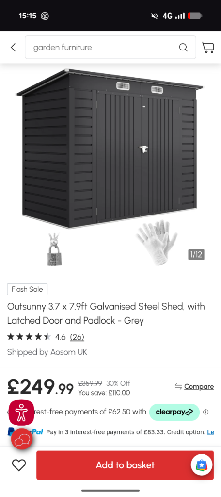 Outsunny 3.7 x 7.9ft Galvanised Steel Shed with Padlock – Grey, New