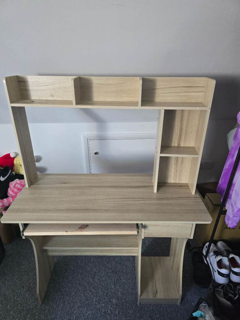 Light Wood Computer Desk with Shelves – Good Condition
