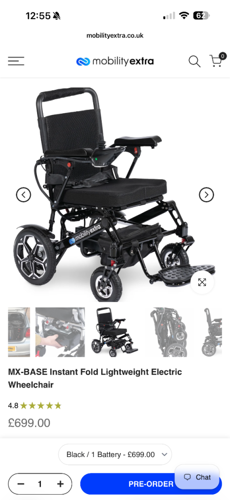 MX-BASE Instant Fold Lightweight Electric Wheelchair - Black