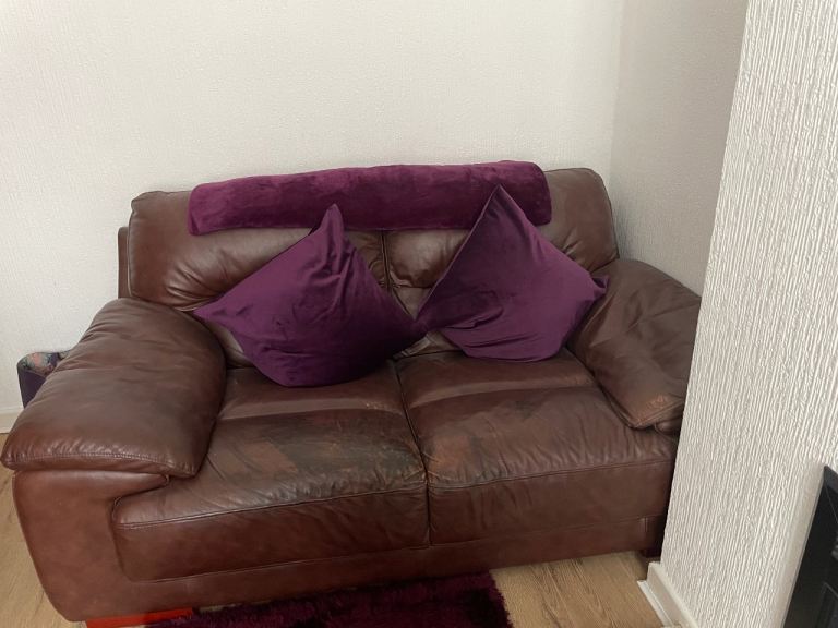 Brown Leather Two-Seater Sofa – Fair Condition