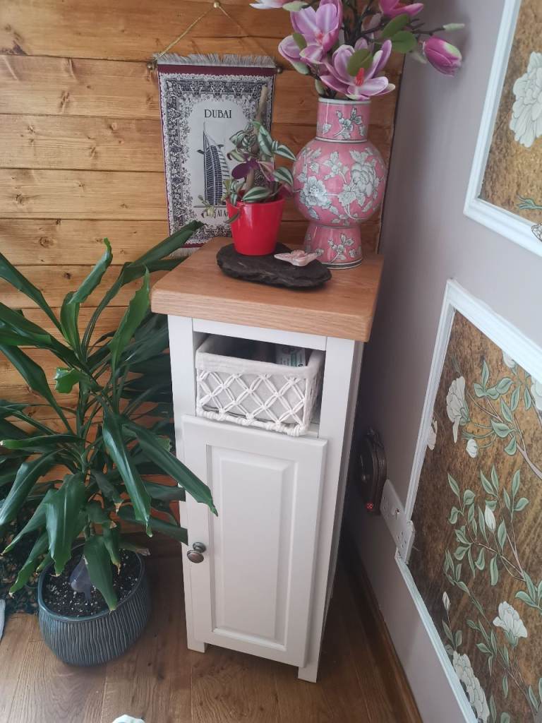 Slim White Wooden Storage Cabinet with Oak Top – As New