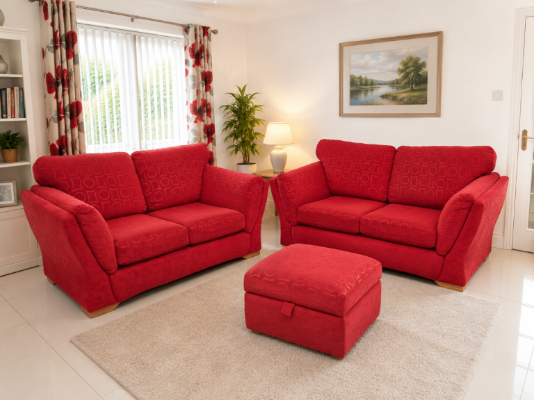 Lovely Red Fabric Sofa Set with Footstool – Good Condition