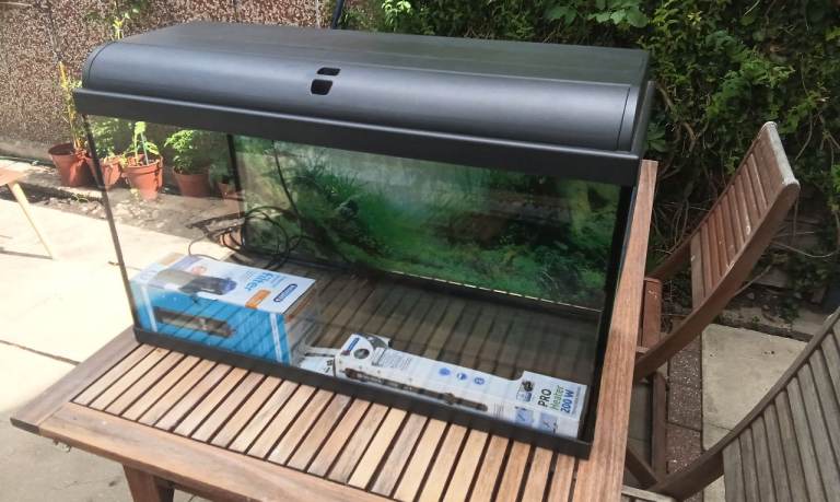 Fish tank, filter and heater.