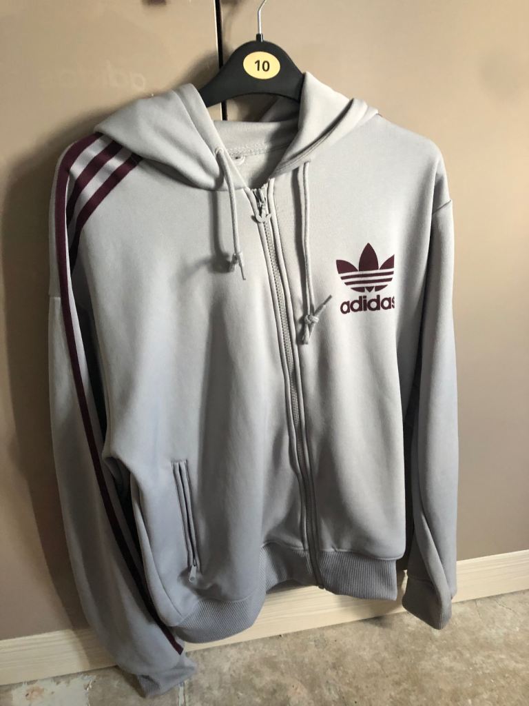 Adidas Grey Hoodie with Maroon Stripes – Size 10