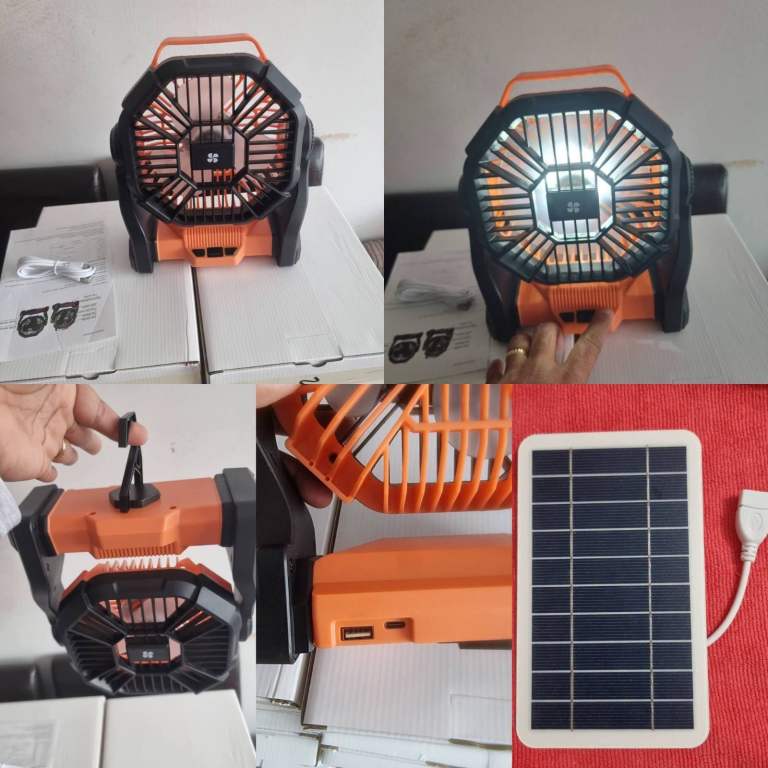 CAMPING FAN  WITH LED, RECHARGEABLE BATTERY OPERATED HEAVY DUTY. WITH SOLAR CHARGING, POWERBANK