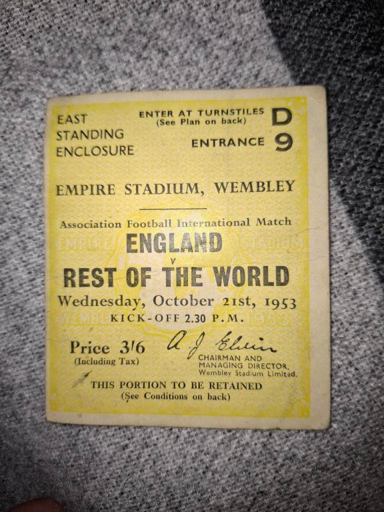 Vintage Football Match Ticket – England vs Rest of the World 1953 Wembley