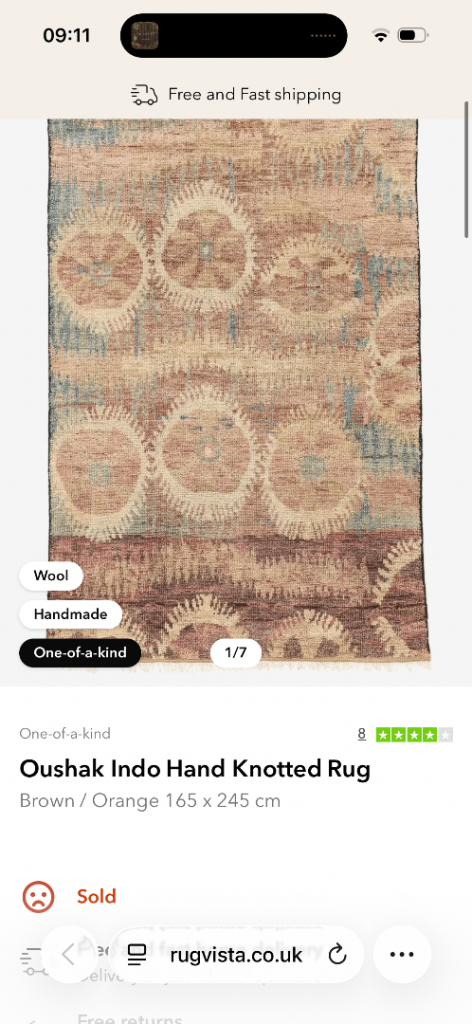 Oushak Indo Hand Knotted Wool Rug - Brown/Orange, 165 x 245 cm