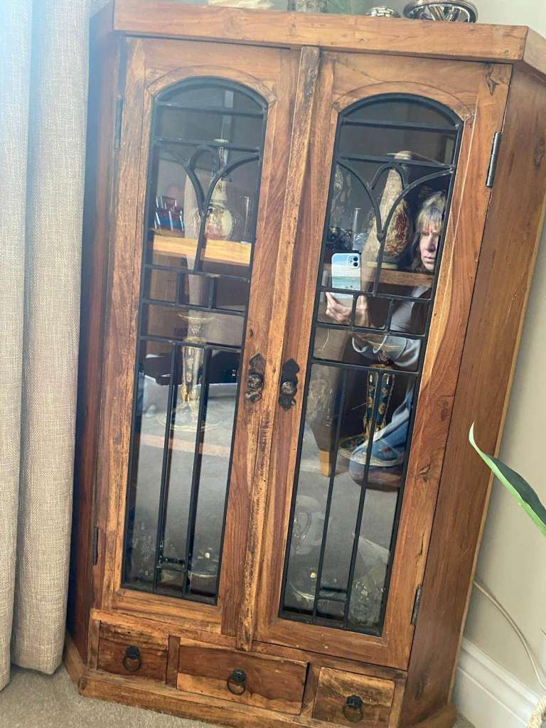 Wooden Display Cabinet with Glass Doors and Drawers