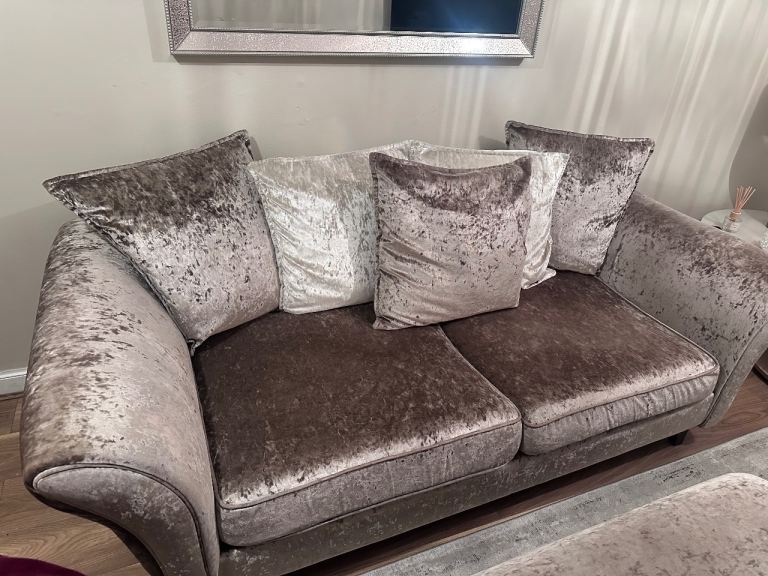 Velvet sofa, chair & footstool 