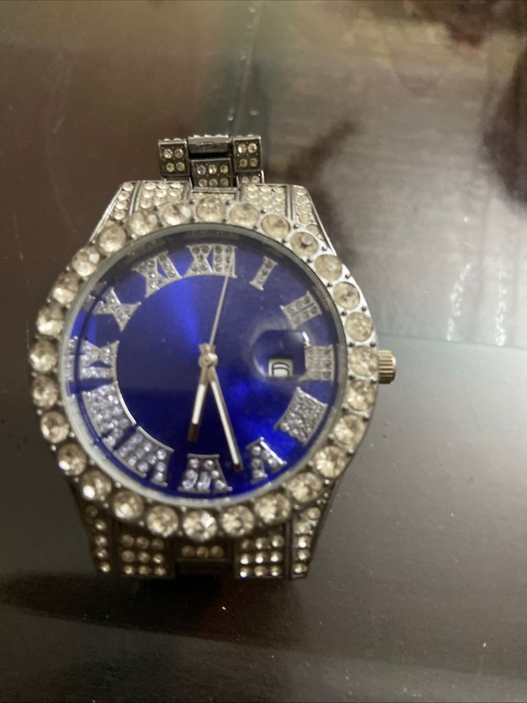 Silver Tone Bling Watch with Blue Face – Good Condition