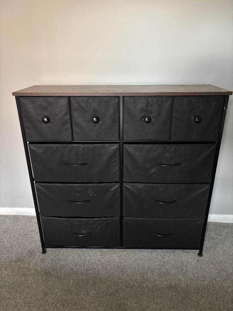 Black 10 Drawer Fabric Chest of Drawers – Wooden Top Storage Unit