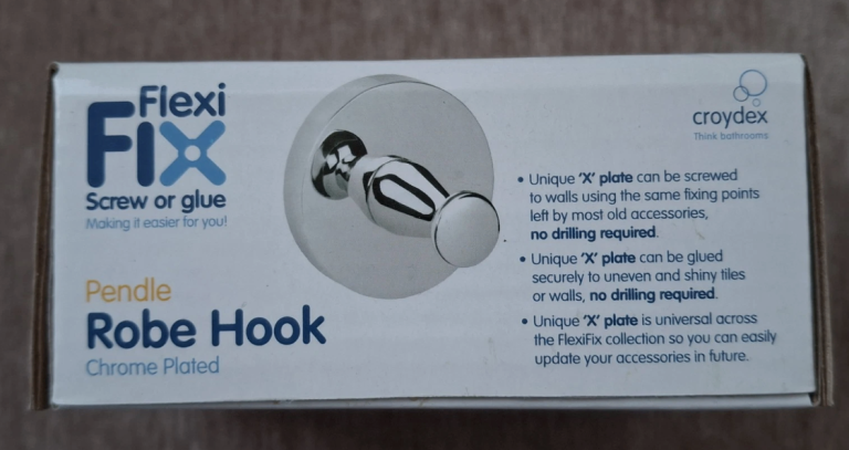 New Croydex Pendle Chrome Plated Robe Hook - Flexi-Fix Screw or Glue BNIB