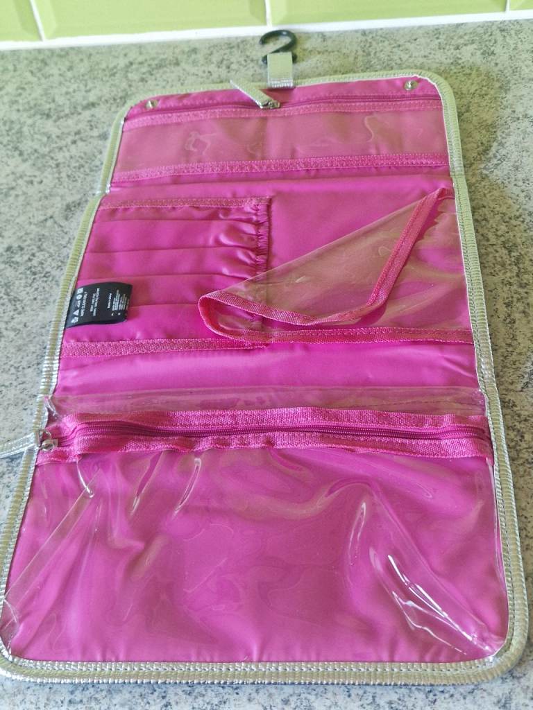 Travel Toiletry Bag/Organizer - Tri-Fold Hanging & Roll-Up in Pink & Silver